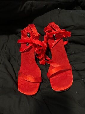 Pleaser Red Satin Lace-Up Sandals